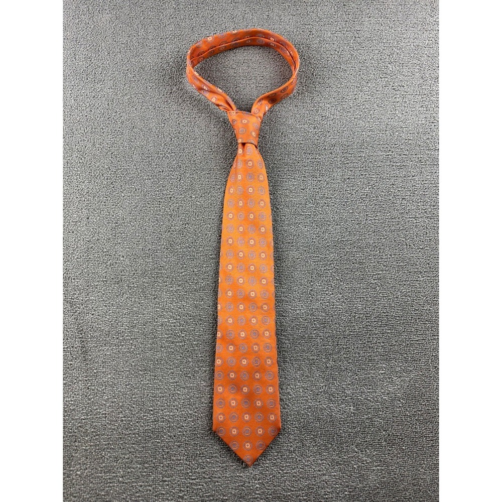 Vintage Grant Thomas Necktie Men Orange Medallion 100% Silk Hand Sewn Business